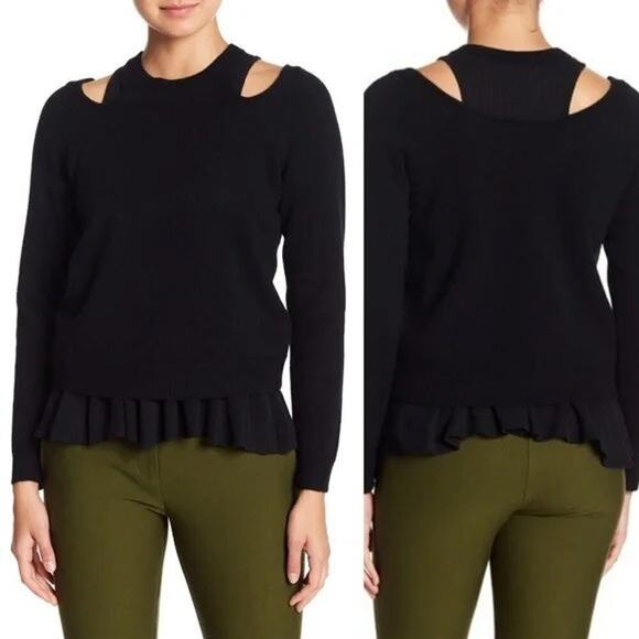 Derek Lam 10 Crosby Long Sleeve Shoulder Cut-Out Ruffle Hem Sweater - Black - Picture 1 of 10